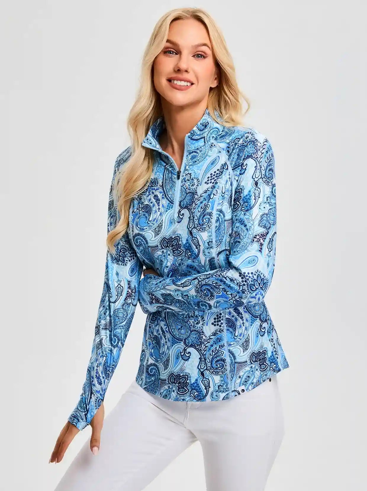 Blue Paisley Quarter-zip Long-sleeve Fleece Tops for Women