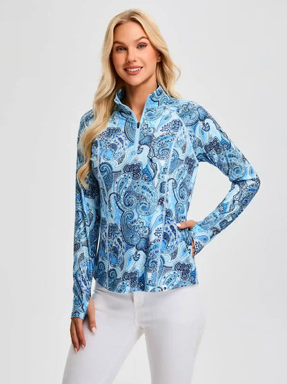 Blue Paisley Quarter-zip Long-sleeve Fleece Tops for Women