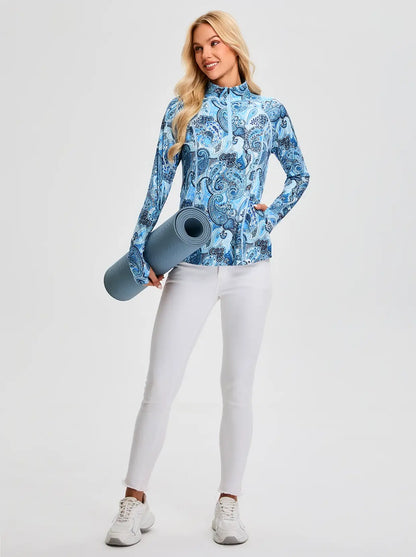 Blue Paisley Quarter-zip Long-sleeve Fleece Tops for Women