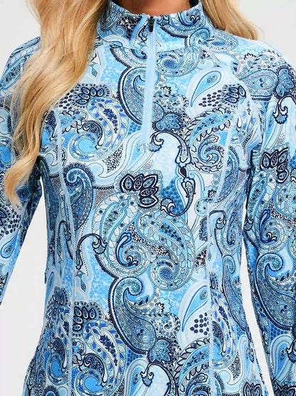 Blue Paisley Quarter-zip Long-sleeve Fleece Tops for Women