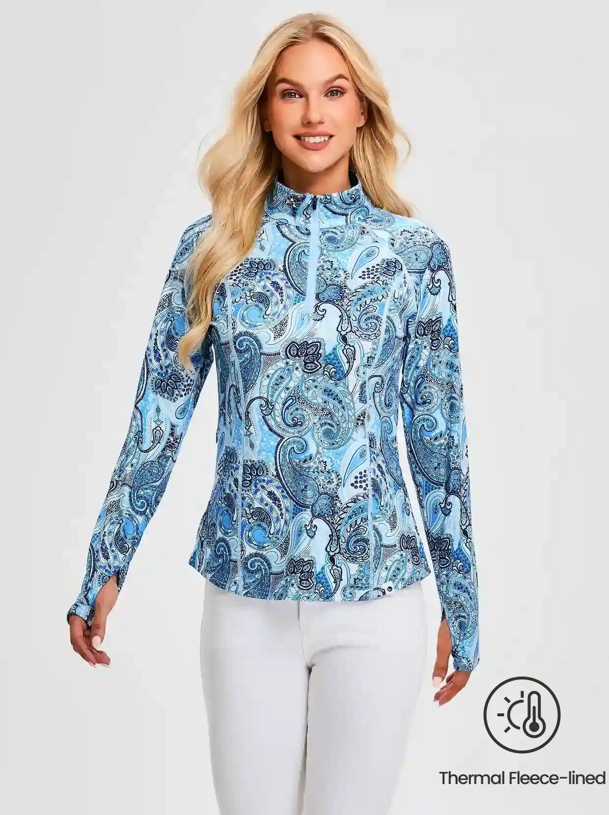 Blue Paisley Quarter-zip Long-sleeve Fleece Tops for Women