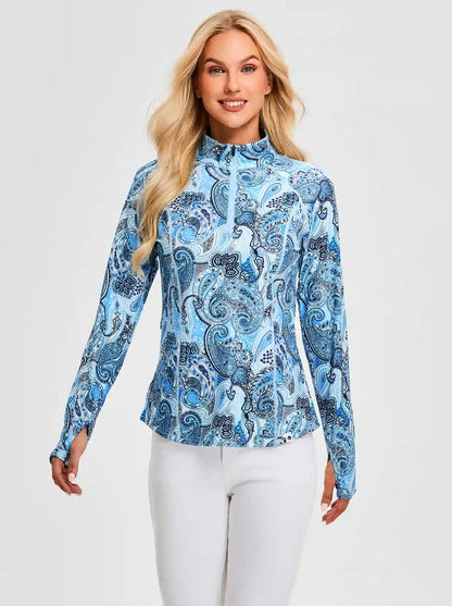 Blue Paisley Quarter-zip Long-sleeve Fleece Tops for Women