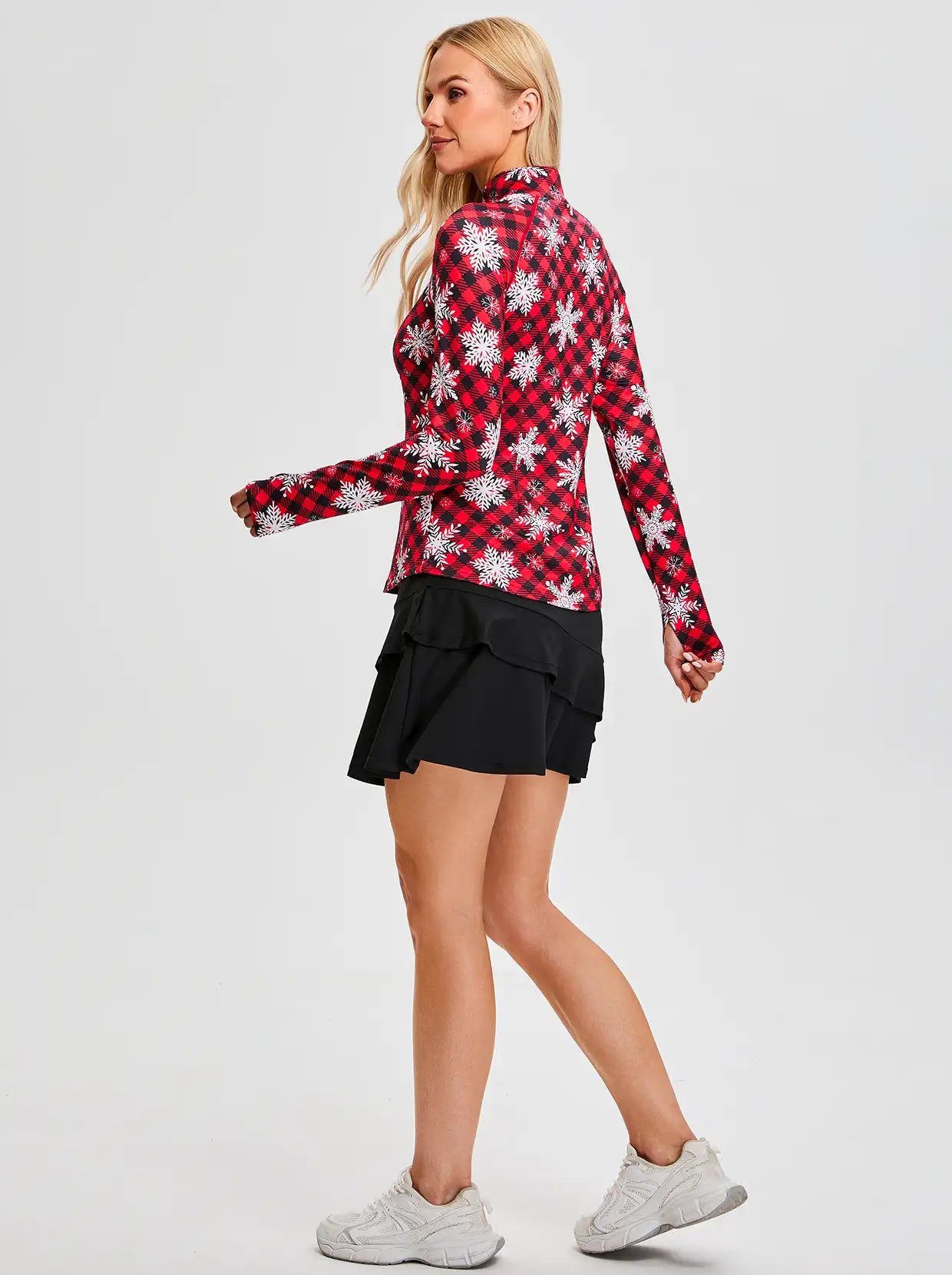 Christmas Sonwflake and Checkerboard Long-sleeve Fleece Tops for Women