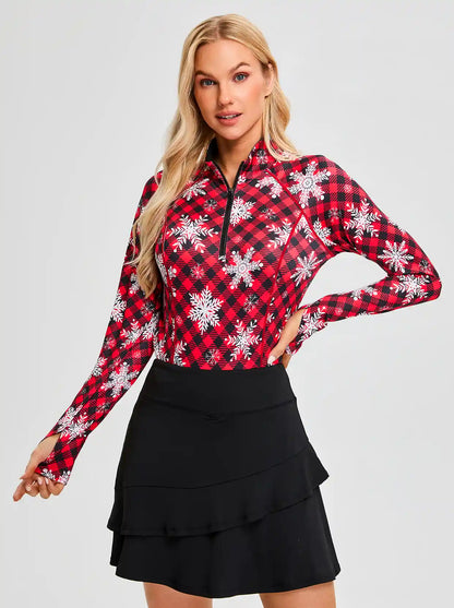 Christmas Sonwflake and Checkerboard Long-sleeve Fleece Tops for Women