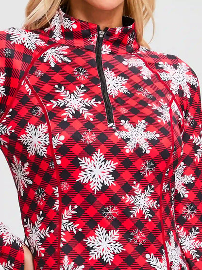 Christmas Sonwflake and Checkerboard Long-sleeve Fleece Tops for Women