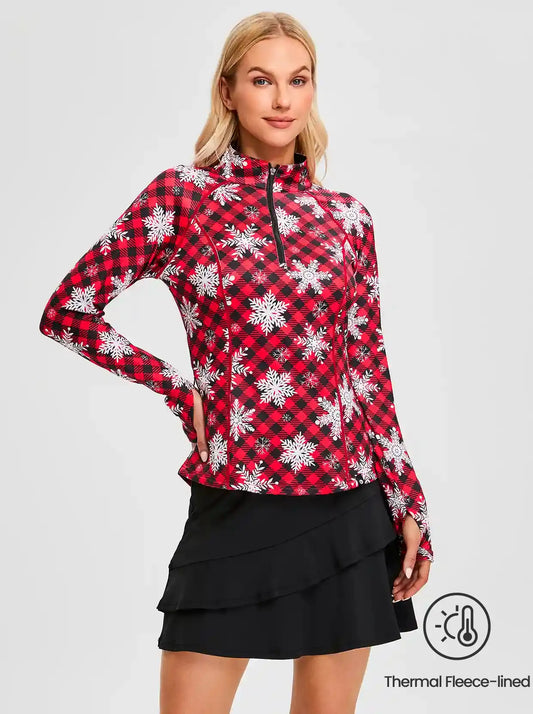 Christmas Sonwflake and Checkerboard Long-sleeve Fleece Tops for Women