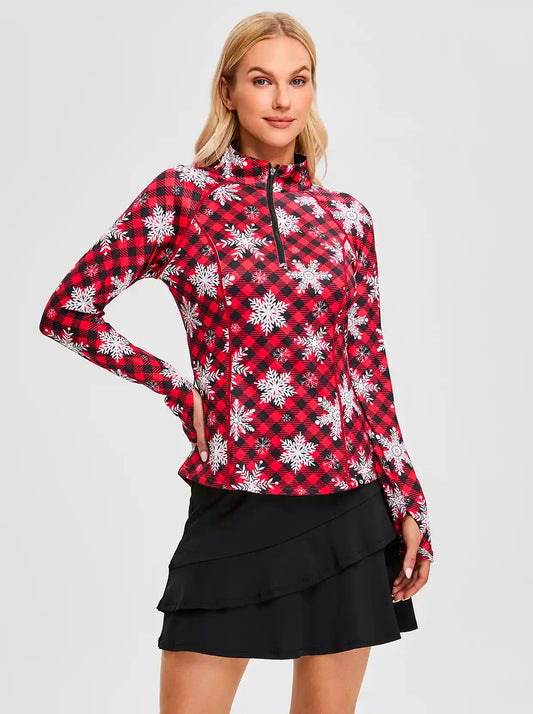 Christmas Sonwflake and Checkerboard Long-sleeve Fleece Tops for Women