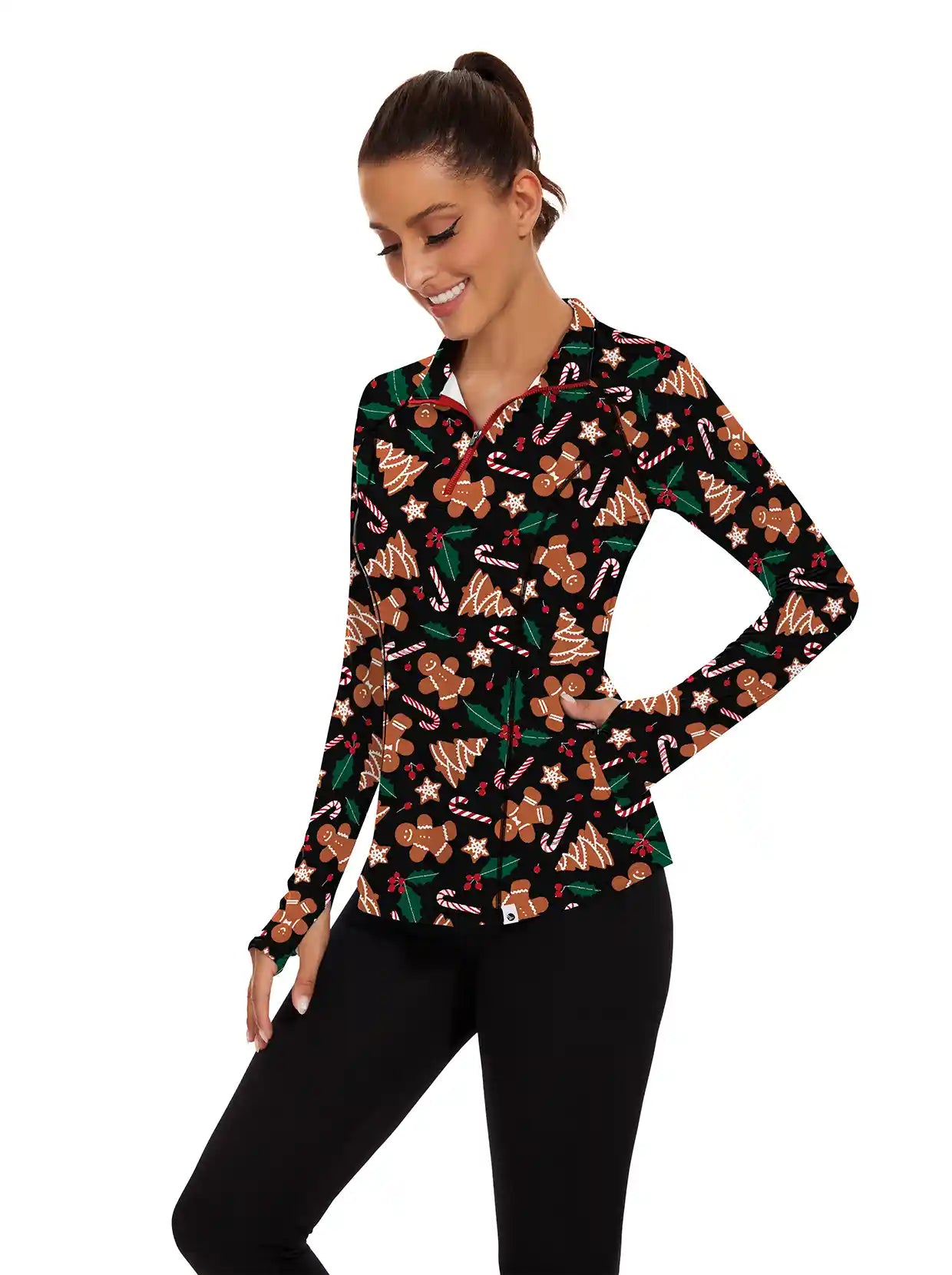 Christmas tree Print on Black Background Long-sleeve Top for Women