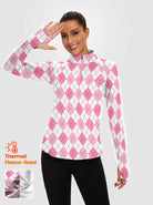 Pink Checkerboard Quarter-zip Long-sleeve Fleece Tops for Women