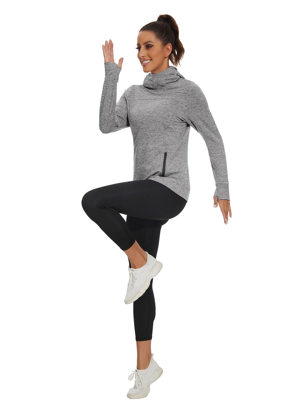 Women's Thermal-🌞SO® Grey Hooded Fleece Long Sleeve Workout Shirts with Mask & Thumb Holes Running Loose Fit Basic Tops