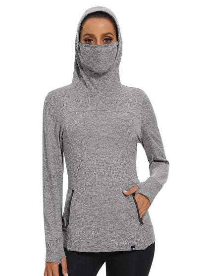 Women's Thermal-🌞SO® Grey Hooded Fleece Long Sleeve Workout Shirts with Mask & Thumb Holes Running Loose Fit Basic Tops