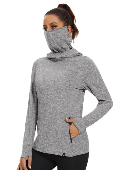 Women's Thermal-🌞SO® Grey Hooded Fleece Long Sleeve Workout Shirts with Mask & Thumb Holes Running Loose Fit Basic Tops