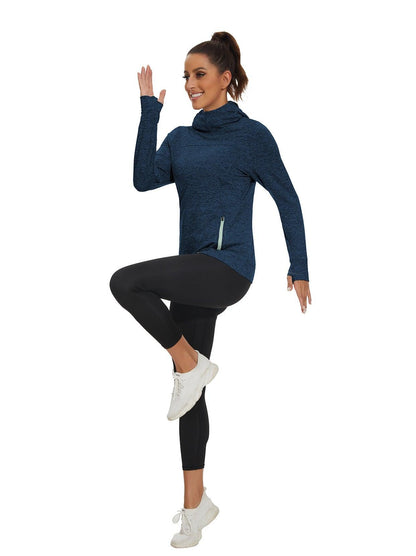 Women's Thermal-Blue Hooded Fleece Long Sleeve Workout Shirts with Mask & Thumb Holes Running Loose Fit Basic Tops