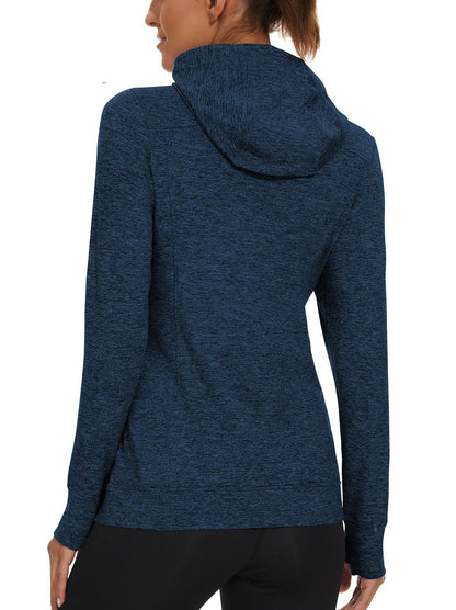 Women's Thermal-Blue Hooded Fleece Long Sleeve Workout Shirts with Mask & Thumb Holes Running Loose Fit Basic Tops