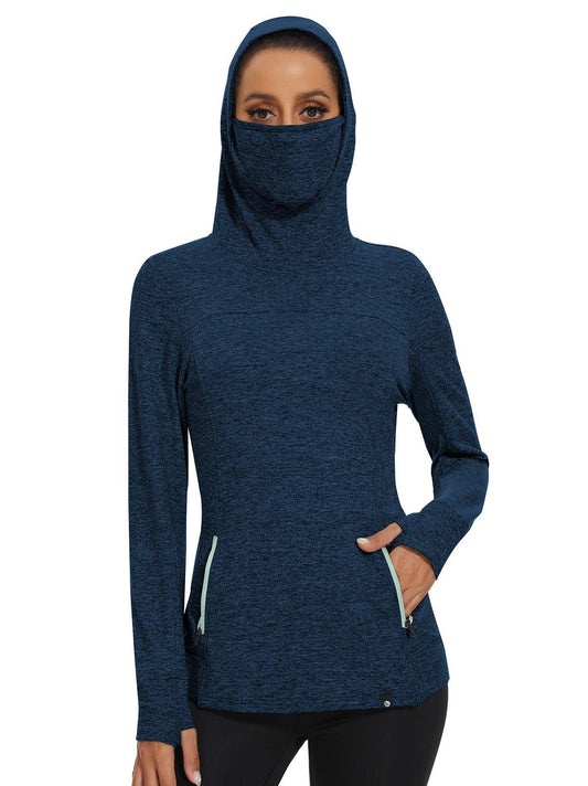 Women's Thermal-Blue Hooded Fleece Long Sleeve Workout Shirts with Mask & Thumb Holes Running Loose Fit Basic Tops