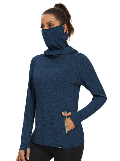 Women's Thermal-Blue Hooded Fleece Long Sleeve Workout Shirts with Mask & Thumb Holes Running Loose Fit Basic Tops