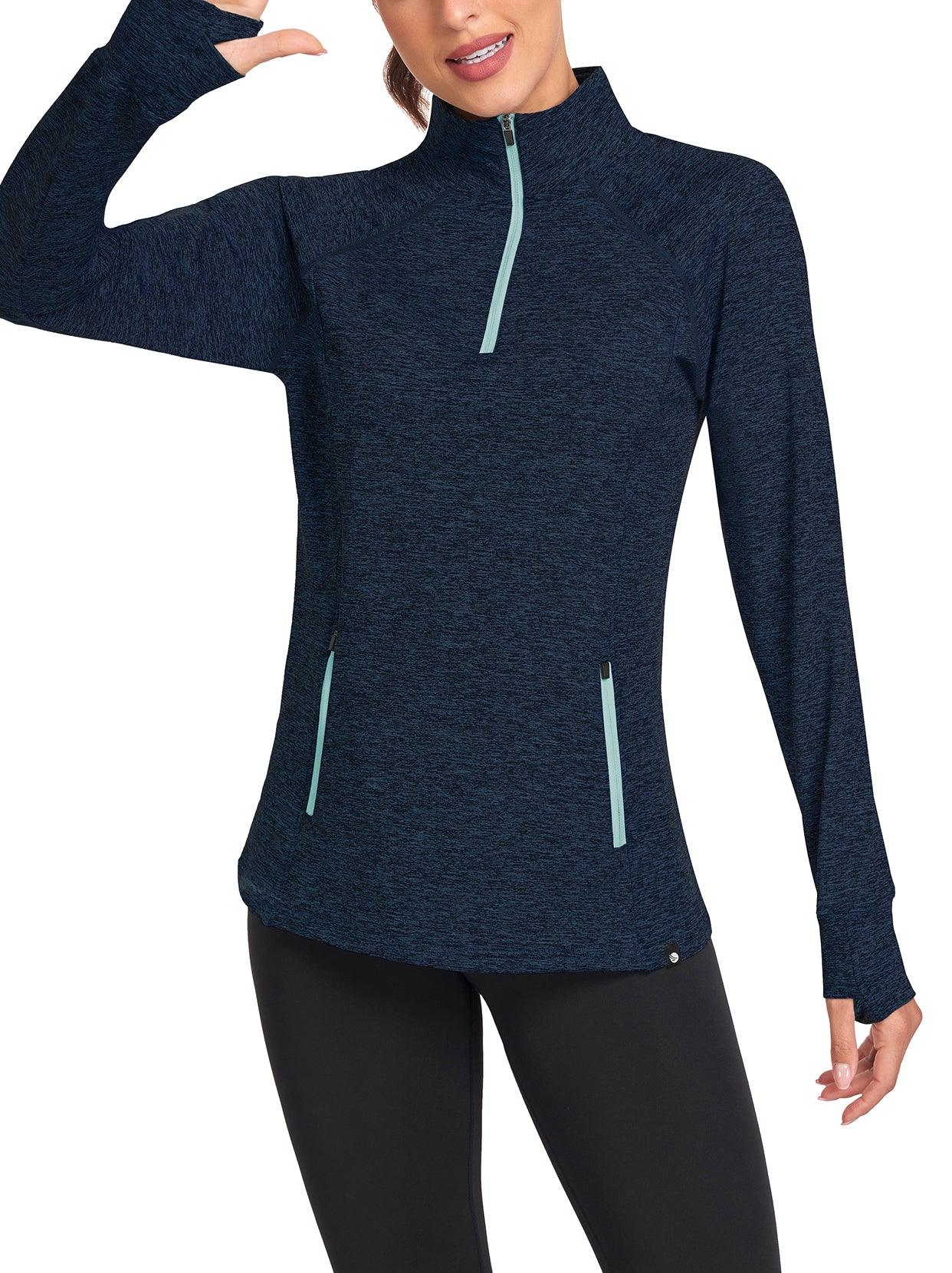 Women's Thermal-🌞SO® Blue Half Zip Pullover Tops Mock Neck Fleece Long Sleeve Workout Shirts with Pocket & Thumb Holes Running LooseFit Basic Tops