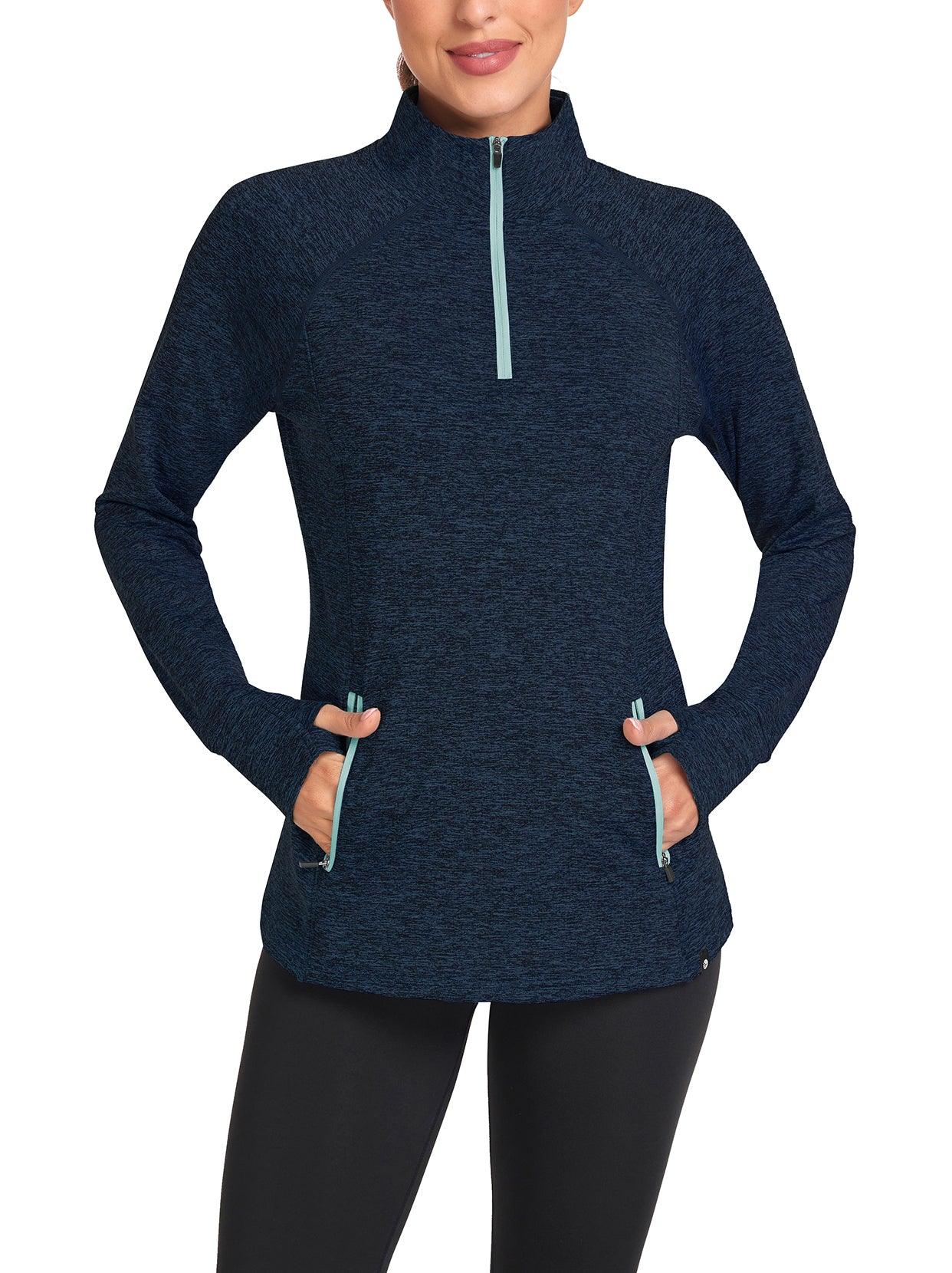 Women's Thermal-🌞SO® Blue Half Zip Pullover Tops Mock Neck Fleece Long Sleeve Workout Shirts with Pocket & Thumb Holes Running LooseFit Basic Tops