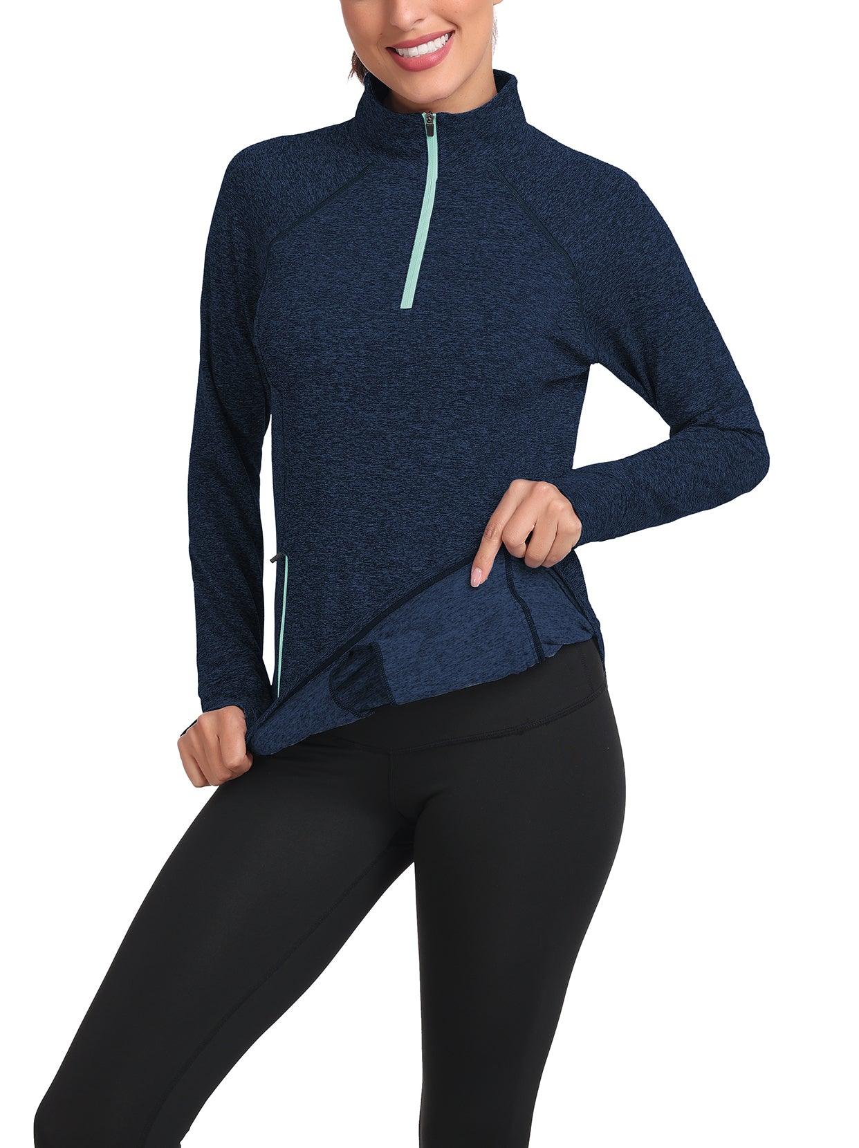 Women's Thermal-🌞SO® Blue Half Zip Pullover Tops Mock Neck Fleece Long Sleeve Workout Shirts with Pocket & Thumb Holes Running LooseFit Basic Tops