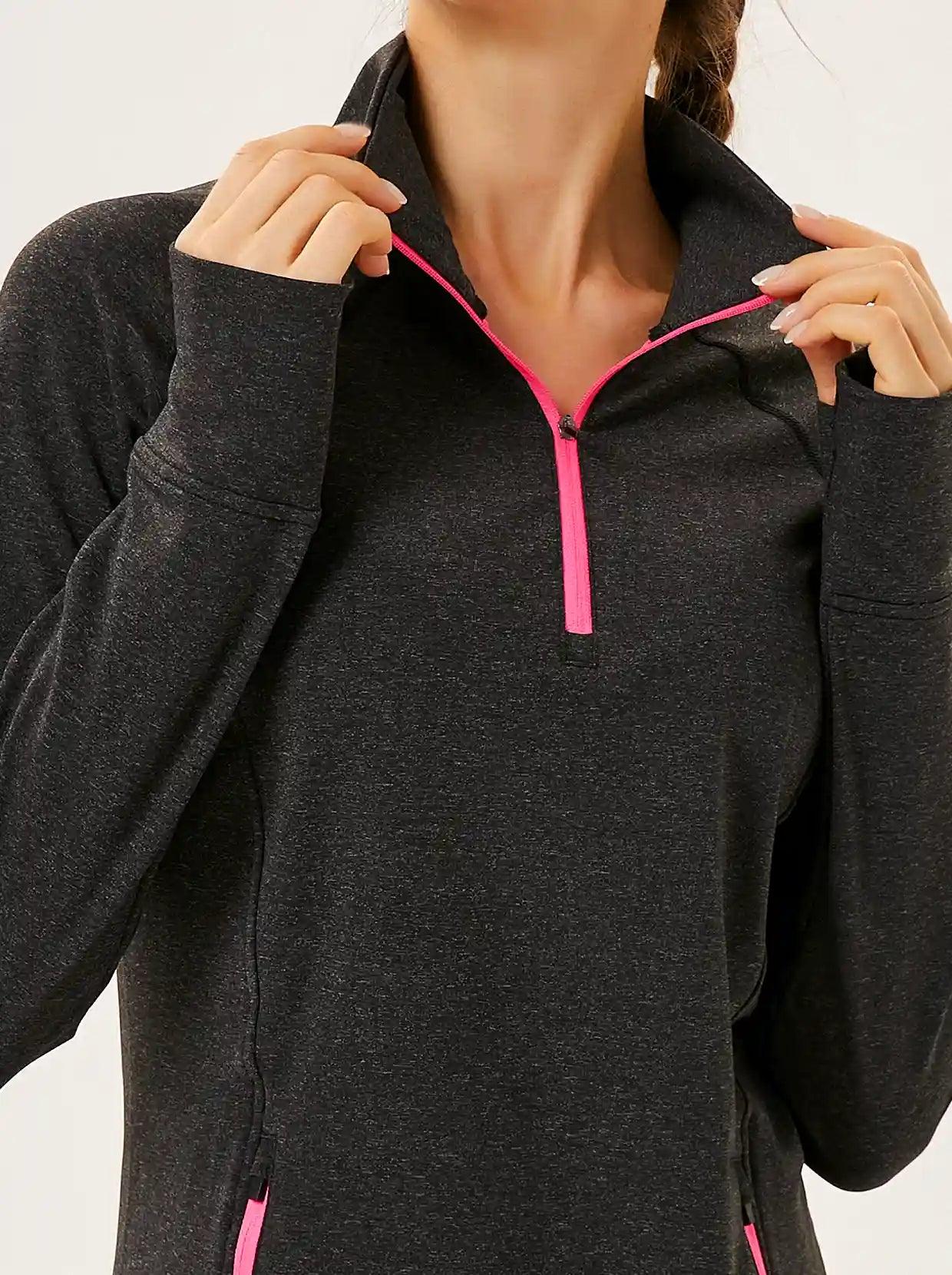 Women's Thermal-Black Half Zip Pullover Tops Mock Neck Fleece Long Sleeve Workout Shirts with Pocket & Thumb Holes Running LooseFit Basic Tops