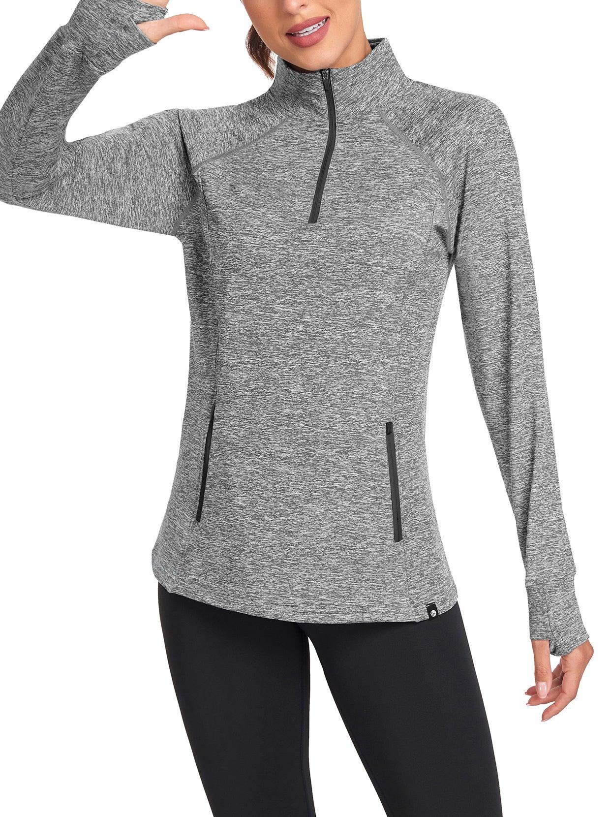 Women's Thermal-🌞SO® Grey Half Zip Pullover Tops Mock Neck Fleece Long Sleeve Workout Shirts with Pocket & Thumb Holes Running LooseFit Basic Tops