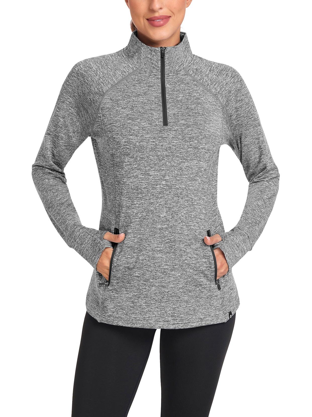 Women's Thermal-🌞SO® Grey Half Zip Pullover Tops Mock Neck Fleece Long Sleeve Workout Shirts with Pocket & Thumb Holes Running LooseFit Basic Tops