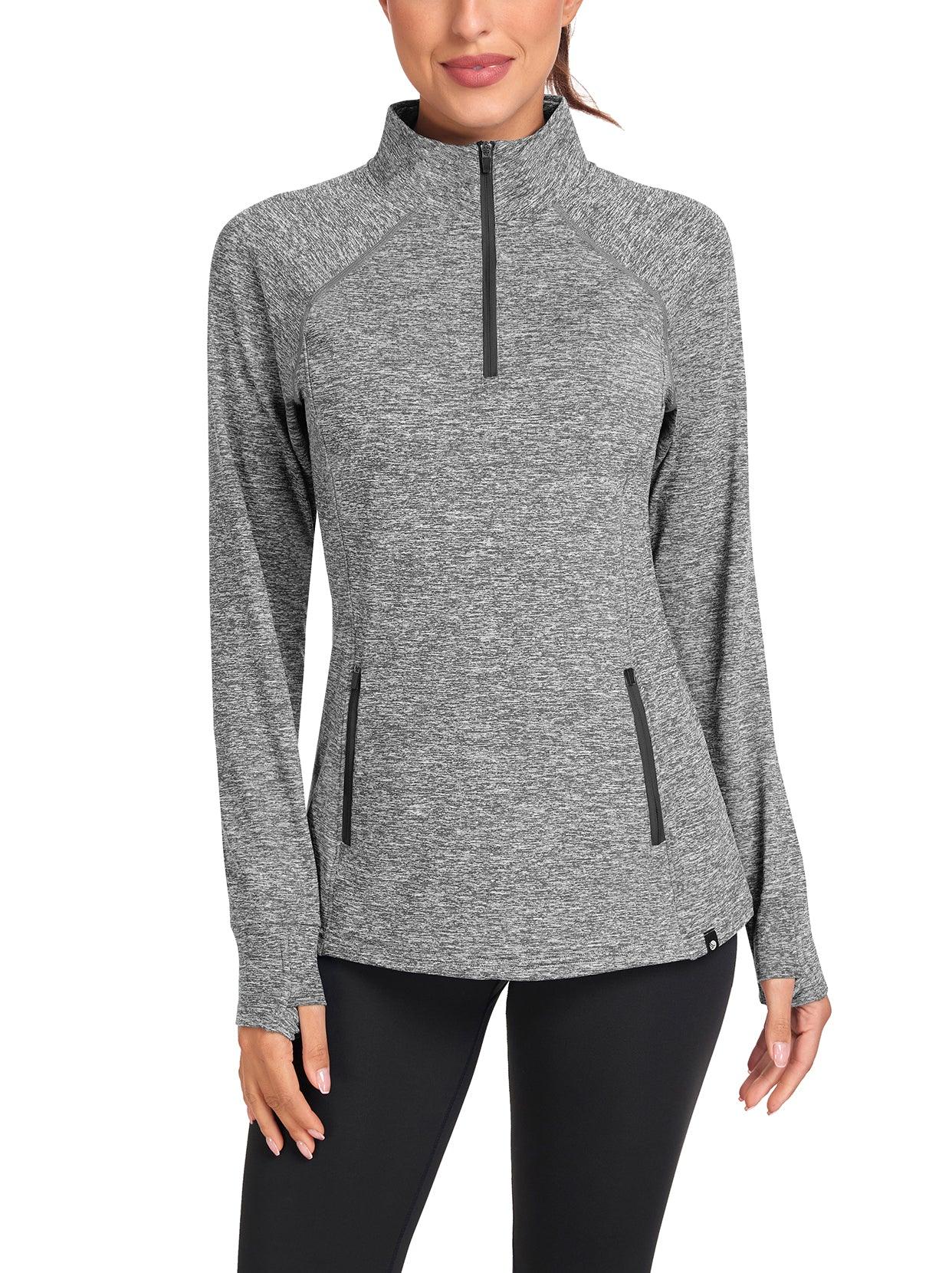 Women's Thermal-🌞SO® Grey Half Zip Pullover Tops Mock Neck Fleece Long Sleeve Workout Shirts with Pocket & Thumb Holes Running LooseFit Basic Tops