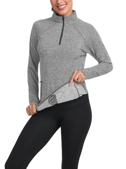 Women's Thermal-🌞SO® Grey Half Zip Pullover Tops Mock Neck Fleece Long Sleeve Workout Shirts with Pocket & Thumb Holes Running LooseFit Basic Tops