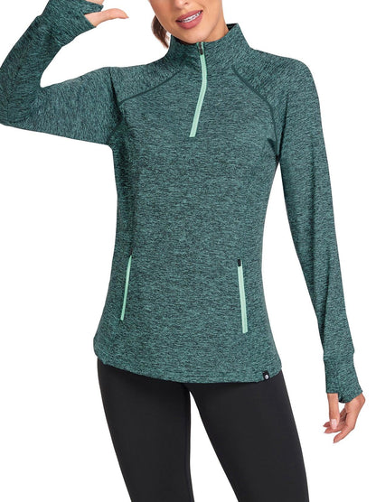 Women's Thermal-🌞SO® Green Half Zip Pullover Tops Mock Neck Fleece Long Sleeve Workout Shirts with Pocket & Thumb Holes Running LooseFit Basic Tops