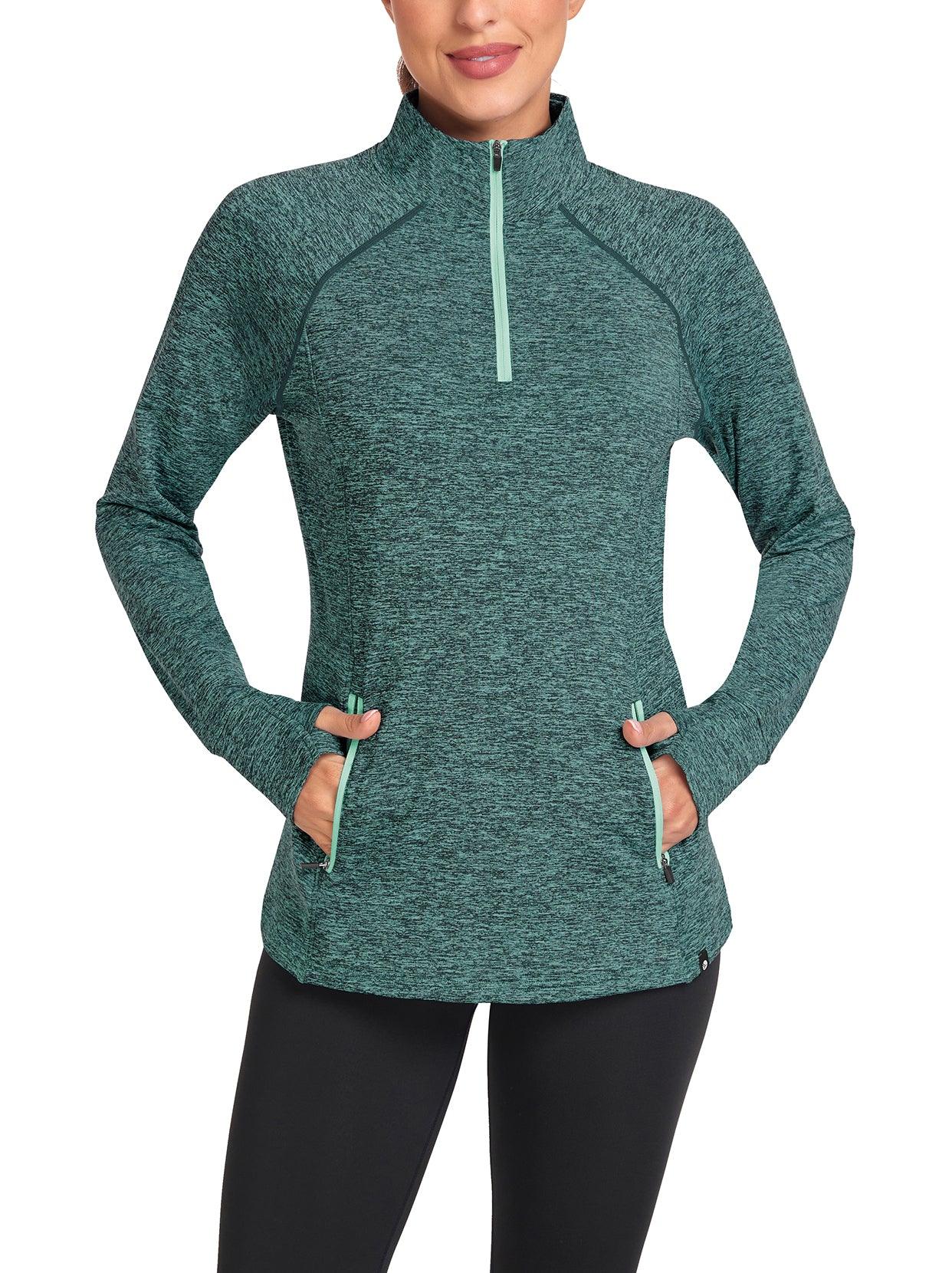 Women's Thermal-🌞SO® Green Half Zip Pullover Tops Mock Neck Fleece Long Sleeve Workout Shirts with Pocket & Thumb Holes Running LooseFit Basic Tops