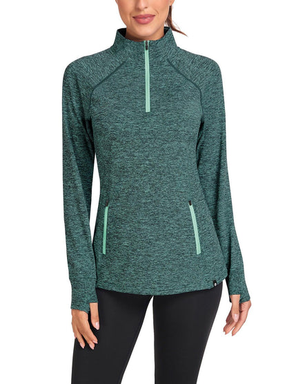 Women's Thermal-🌞SO® Green Half Zip Pullover Tops Mock Neck Fleece Long Sleeve Workout Shirts with Pocket & Thumb Holes Running LooseFit Basic Tops