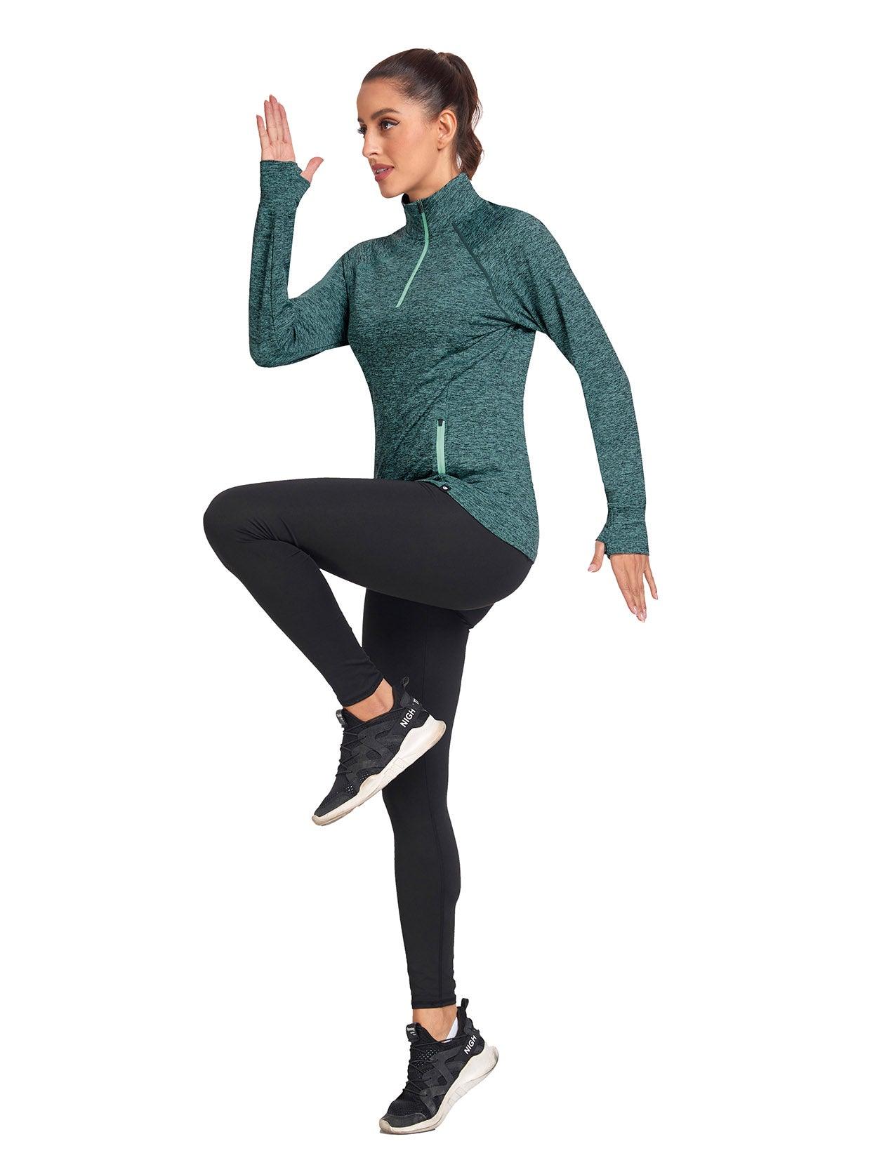 Women's Thermal-🌞SO® Green Half Zip Pullover Tops Mock Neck Fleece Long Sleeve Workout Shirts with Pocket & Thumb Holes Running LooseFit Basic Tops