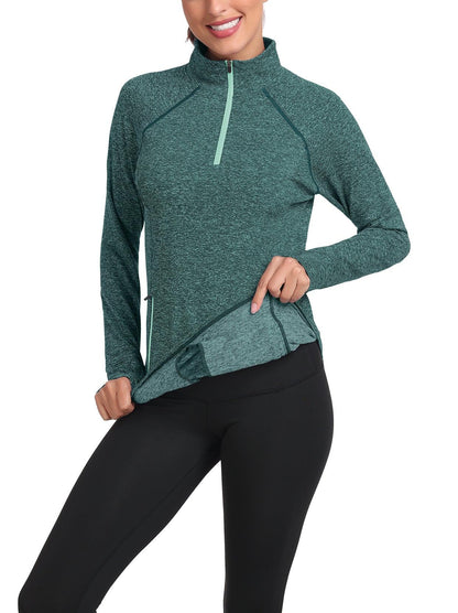 Women's Thermal-🌞SO® Green Half Zip Pullover Tops Mock Neck Fleece Long Sleeve Workout Shirts with Pocket & Thumb Holes Running LooseFit Basic Tops