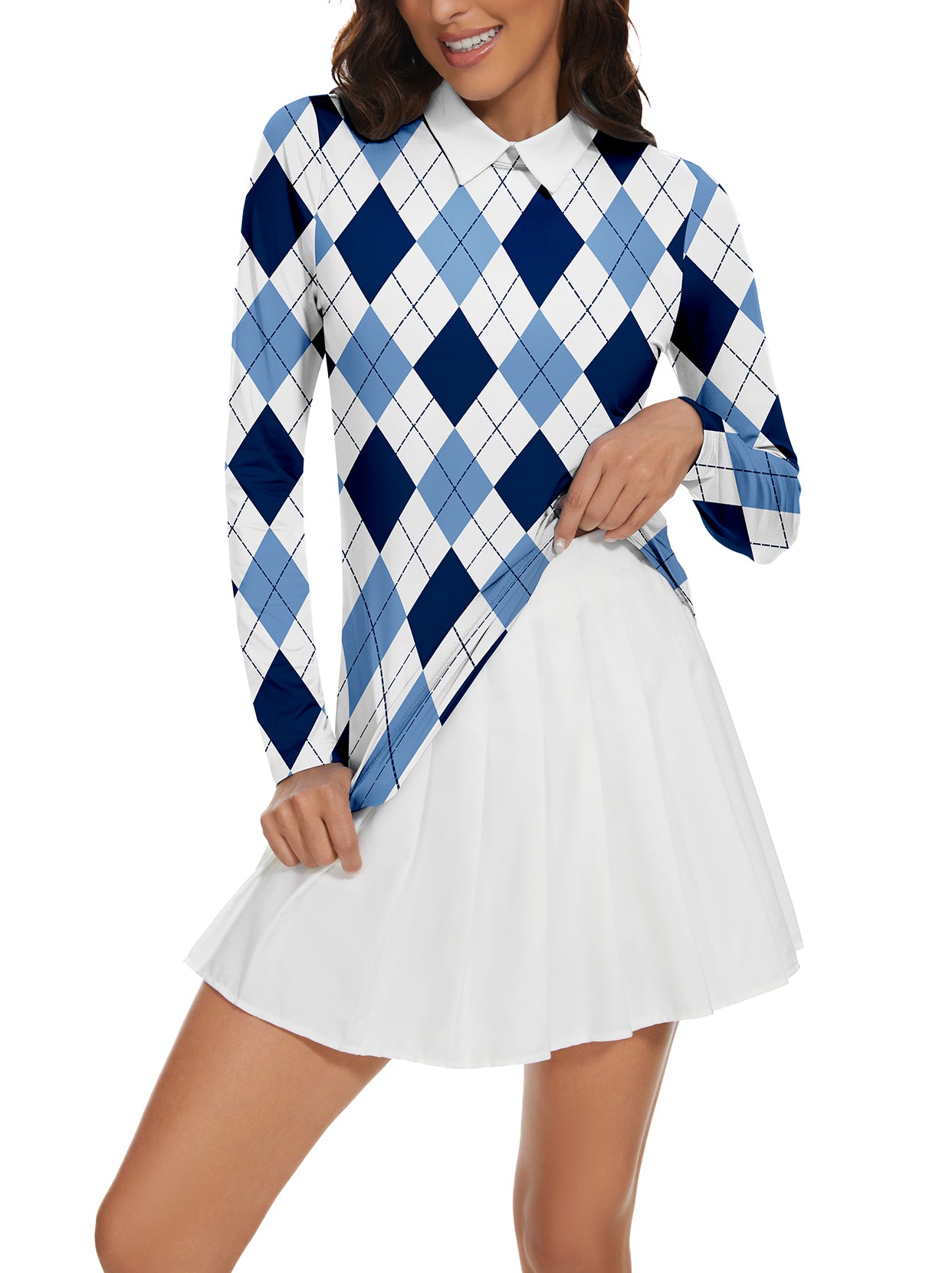 Ladies Long Sleeve Golf Polo- ⛳️SO® Bule White Checkerboard Long Sleeve Golf Shirts Moisture Wicking V Neck Golf Polo Shirts Tennis Shirts