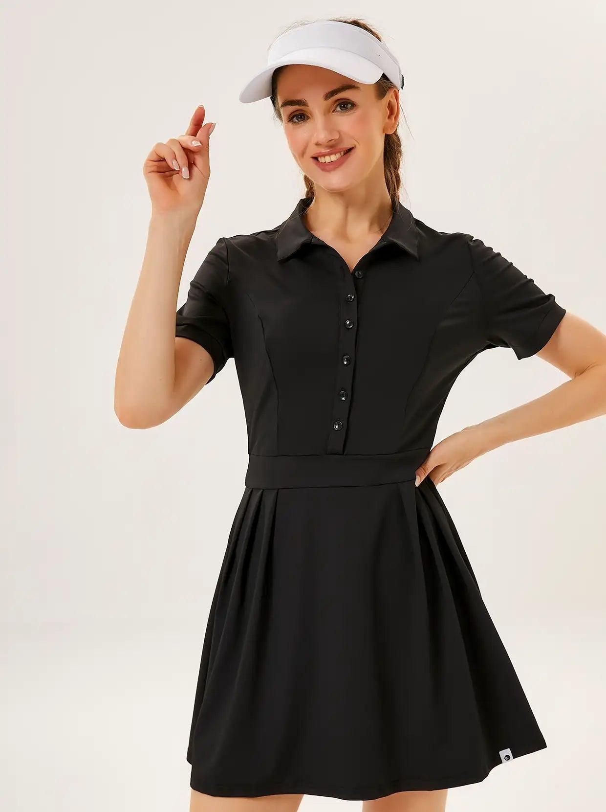 Solid Black Button Golf Dress with Shorts