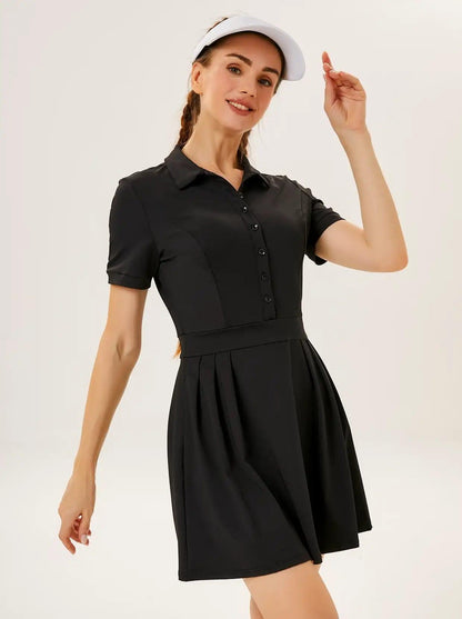 Solid Black Button Golf Dress with Shorts