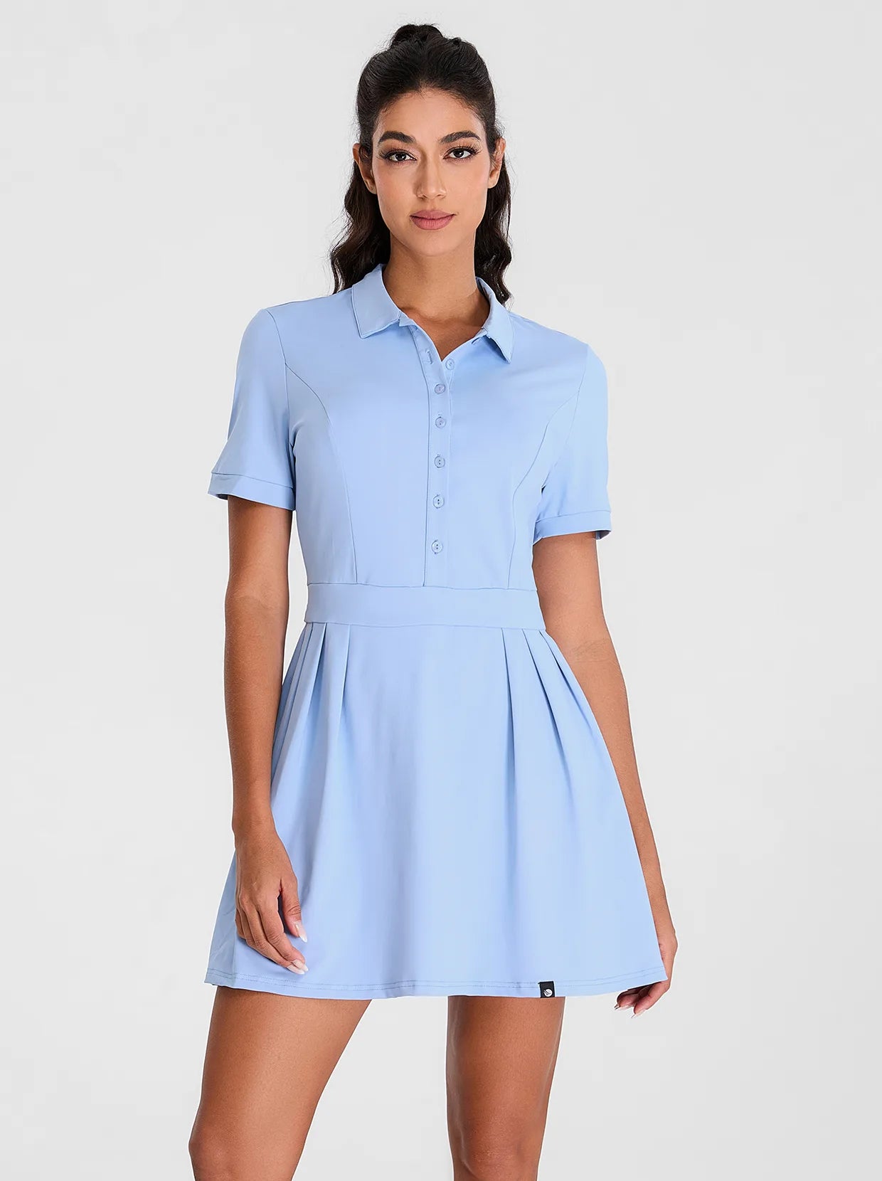 Blue Short-sleeve Athletic Pleated Dresses with Pockets