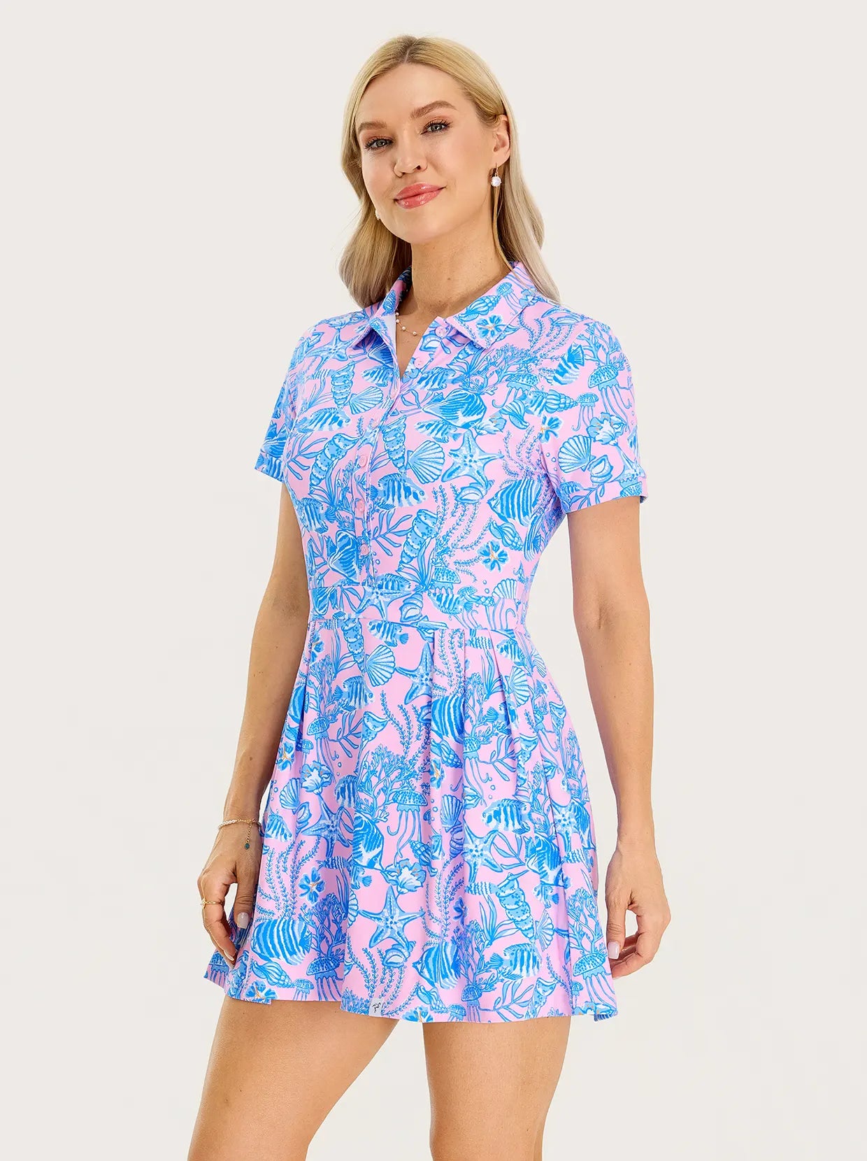 Short-sleeve Athletic 34" Pleated Dresses with Shorts and Pockets