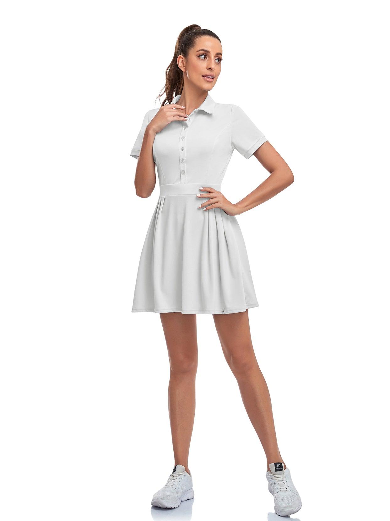 Women Polo Golf Tennis Dress- 🏒SO® White Built in Shorts Short Sleeve Workout Athletic Pleated Dresses with Pockets