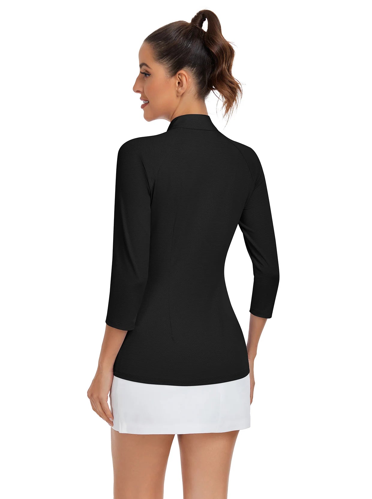 Solid Black Quarter-zip 3/4 Sleeve Shirt For Women