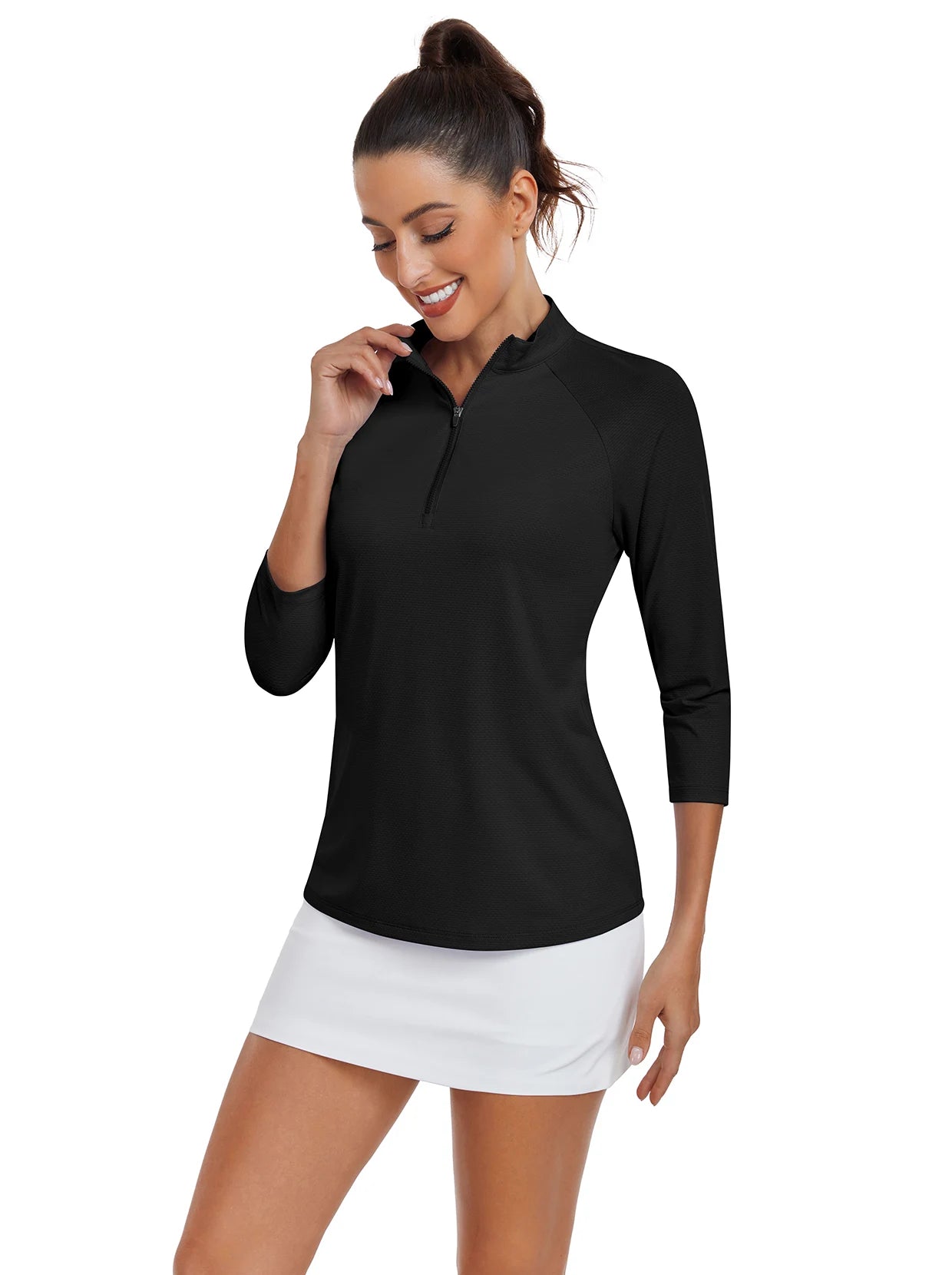 Solid Black Quarter-zip 3/4 Sleeve Shirt For Women