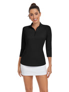 Solid Black Quarter-zip 3/4 Sleeve Shirt For Women 