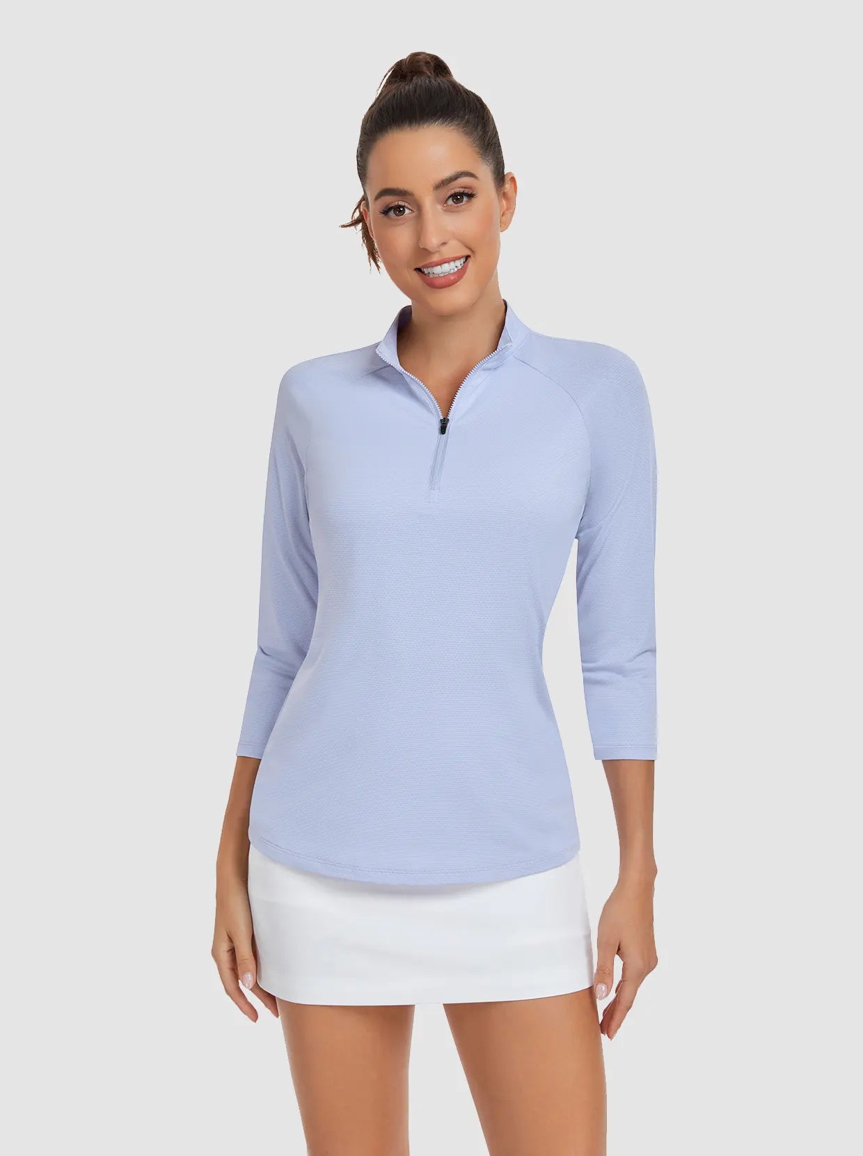 Light Blue Quarter-zip 3/4 Sleeve Shirt For Women