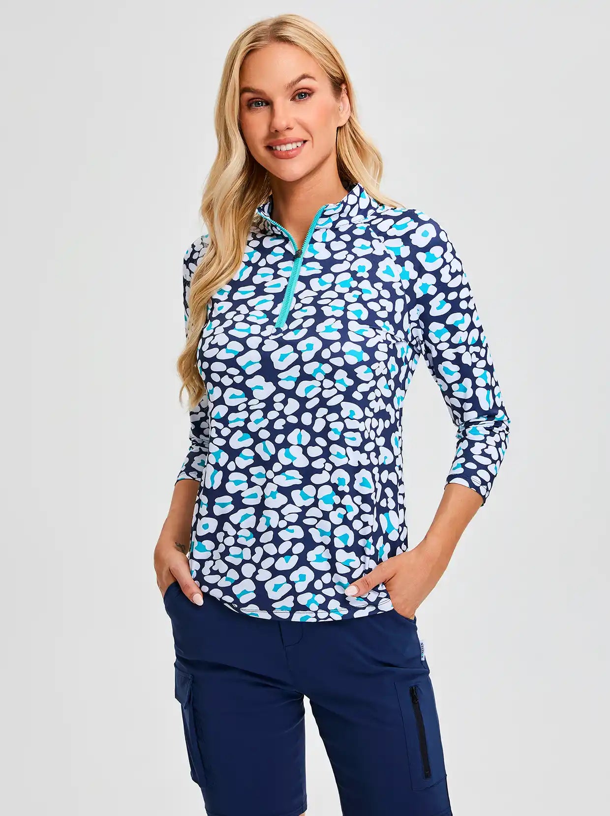 Blue and Green Leopard Quarter-zip 3/4 Sleeve Golf Polo Shirt for Women