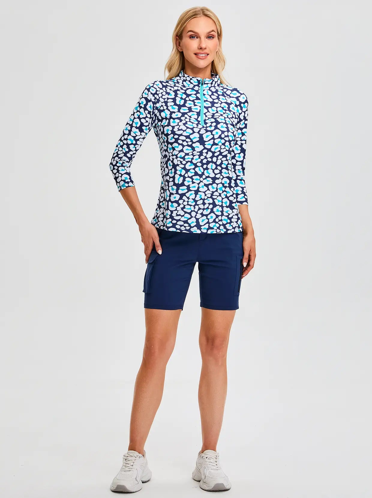 Blue and Green Leopard Quarter-zip 3/4 Sleeve Golf Polo Shirt for Women