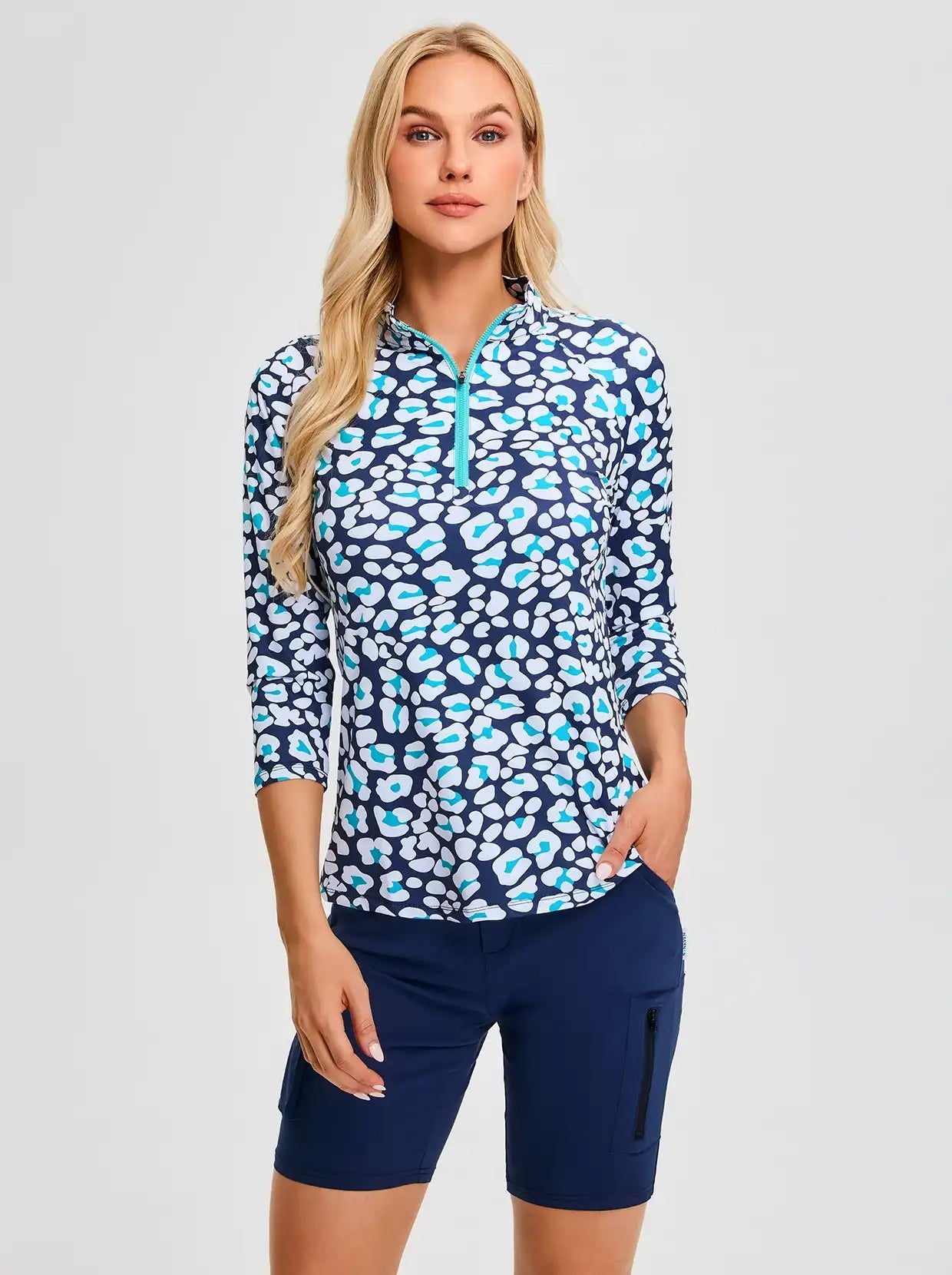 Blue and Green Leopard Quarter-zip 3/4 Sleeve Golf Polo Shirt for Women