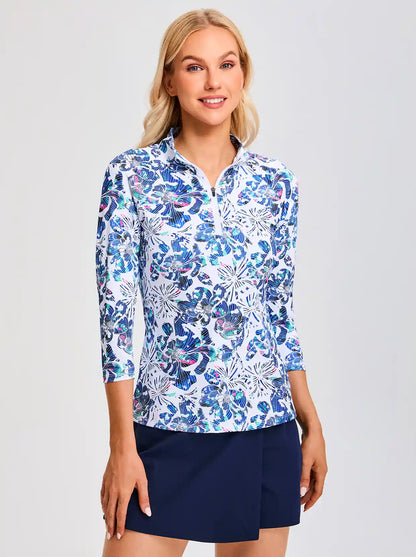 Blue and White Fireworks 3/4 Sleeve Shirt For Women