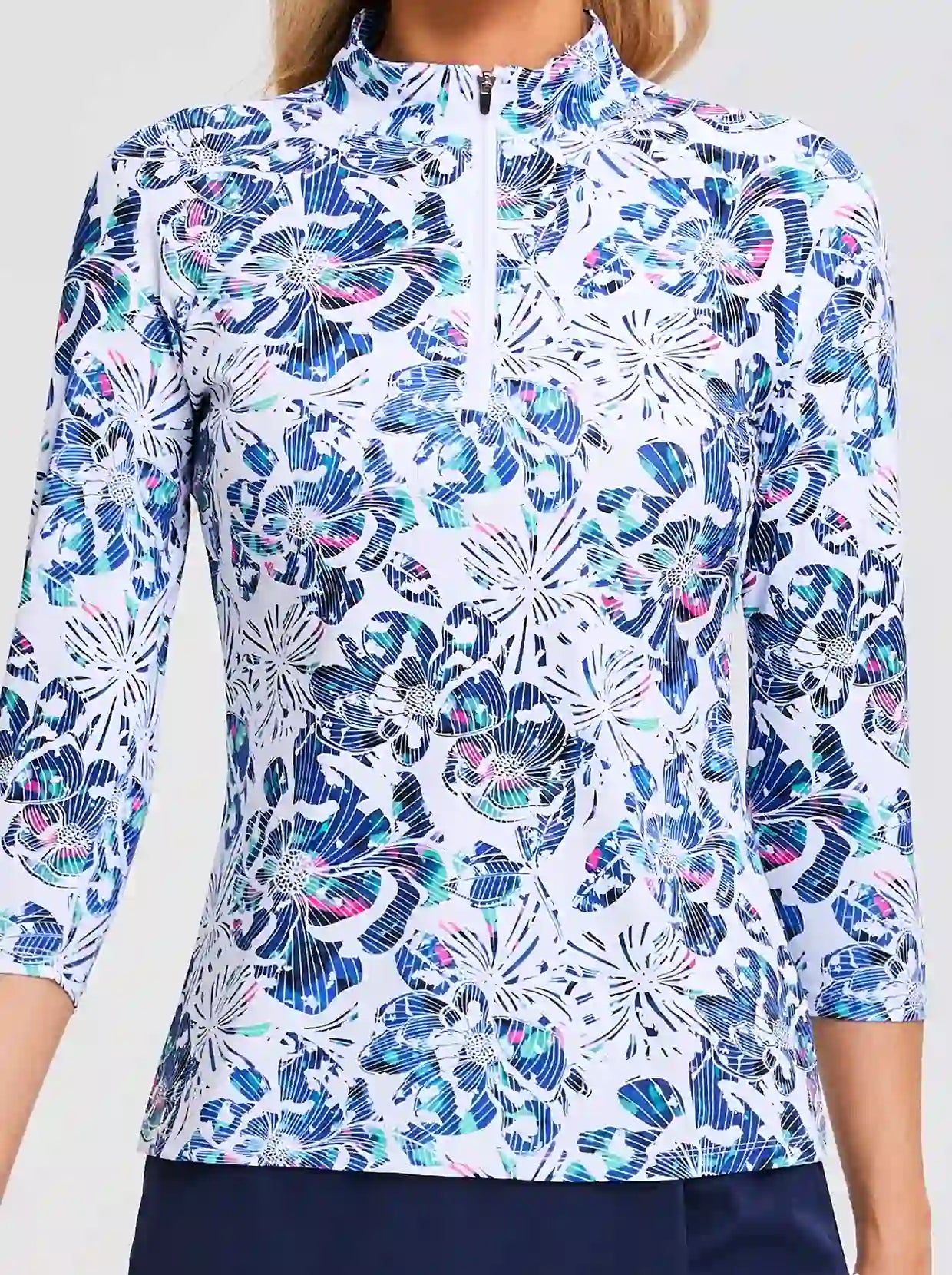 Blue and White Fireworks 3/4 Sleeve Shirt For Women