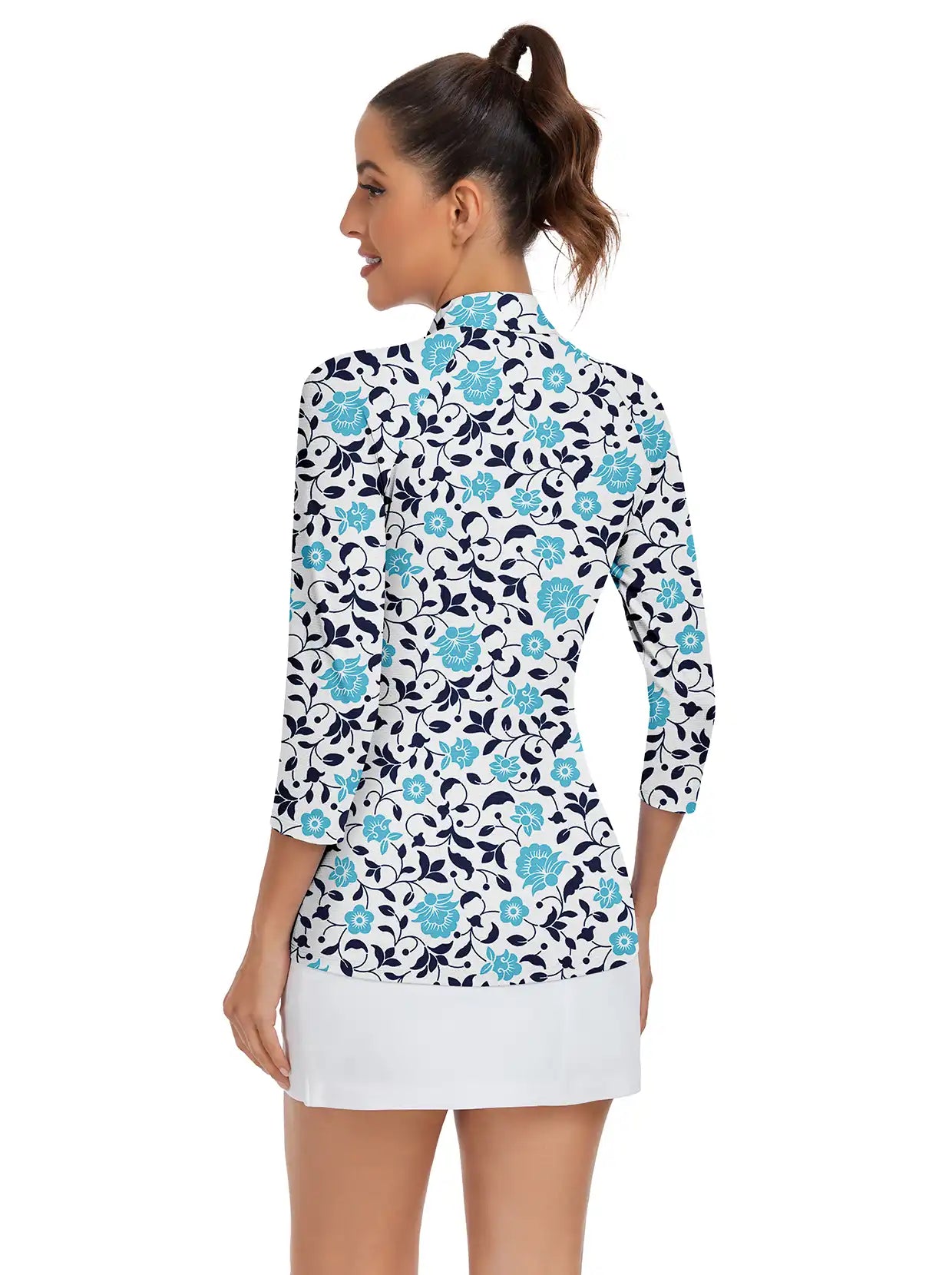 Blue Flower Quarter-zip 3/4 Sleeve Golf Shirt For Women