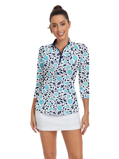 Blue  Flower Quarter-zip 3/4 Sleeve Golf Shirt For Women